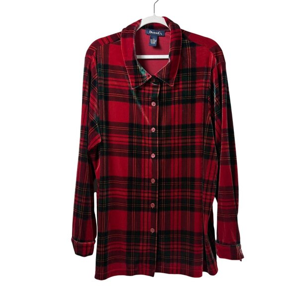 Denim&Co Tops - Denim & Co Stretch Velvet Big Button Up Shirt Womens Plus 2X Red Green Plaid